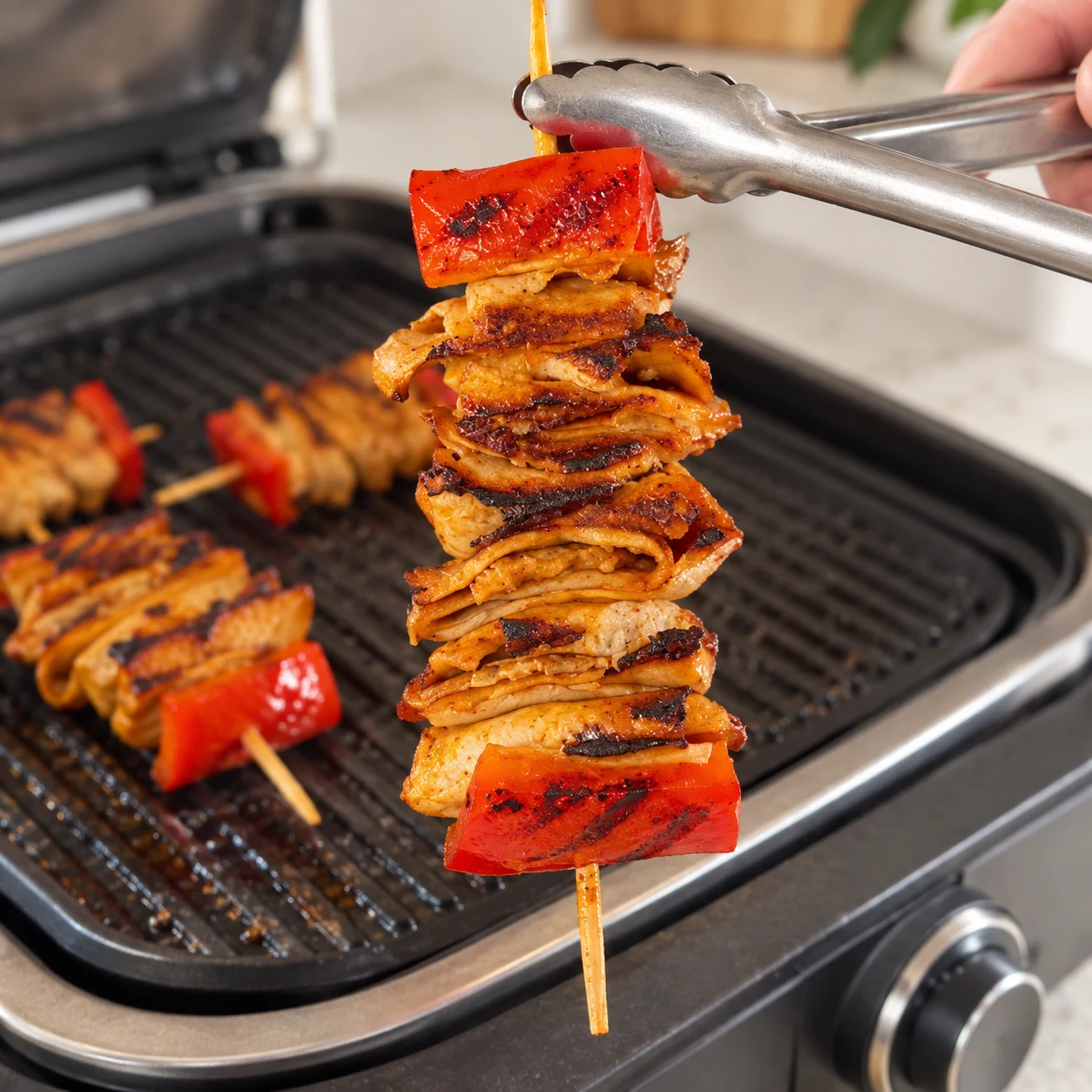 Finir de griller : Les plis du tofu fumé présentent des bords dorés et des marques de grille.