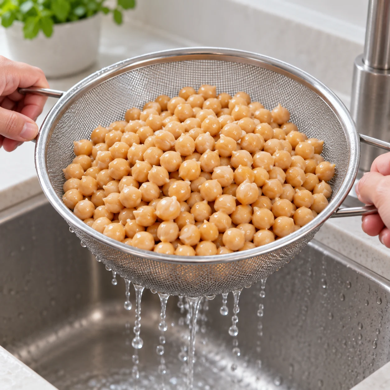 Passoire de pois chiches beiges en conserve égouttés, aucun tofu.