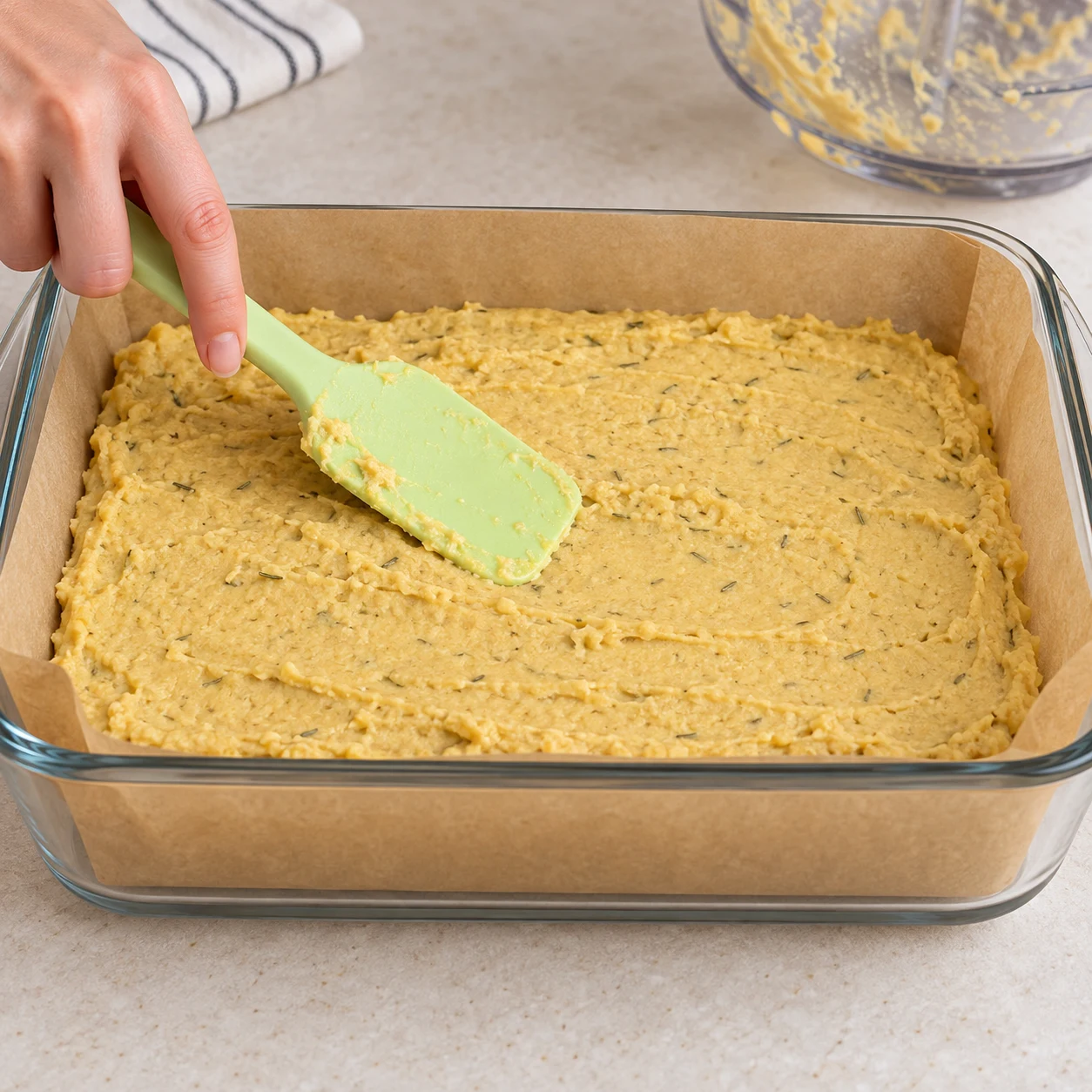 Verser la pâte dans un plat rectangulaire tapissé de papier cuisson et lisser la surface.