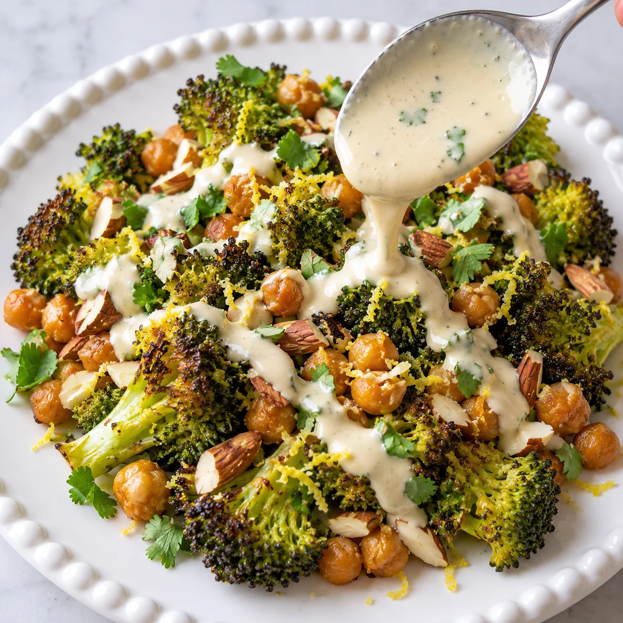 Cuillère verse sauce sésame sur brocoli pois chiches rôtis amandes zestes coriandre.