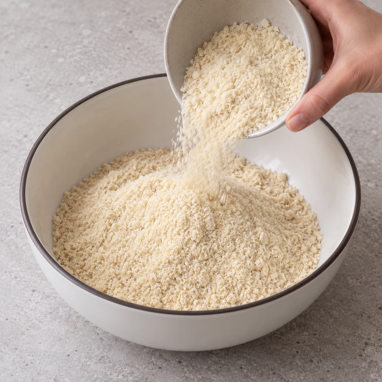 Mélange les 150 g de poudre d’amandes de la base avec les 30 g supplémentaires prévus dans cette variante sans complément. État à montrer : Les 180 g de poudre d’amandes sont réunis dans le saladier.