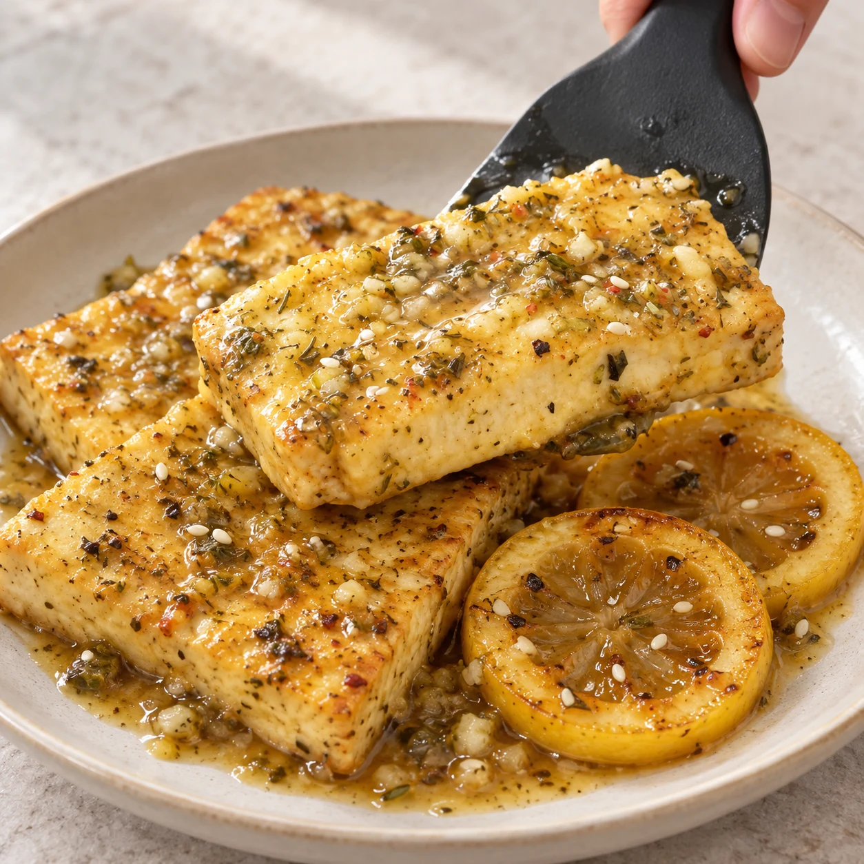 Servir aussitôt. Le tofu est nappé de sauce brillante et les rondelles sont posées avec les tranches.. Ne montrer que tofu, fecule, levure, sel-enrobage, sesame, huile, citron, ail, herbes, bouillon-cube, erable, margarine, sel-sauce, poivre à cette phase ; lumière naturelle, mains anonymes sans accessoires, aucun texte ni visage.