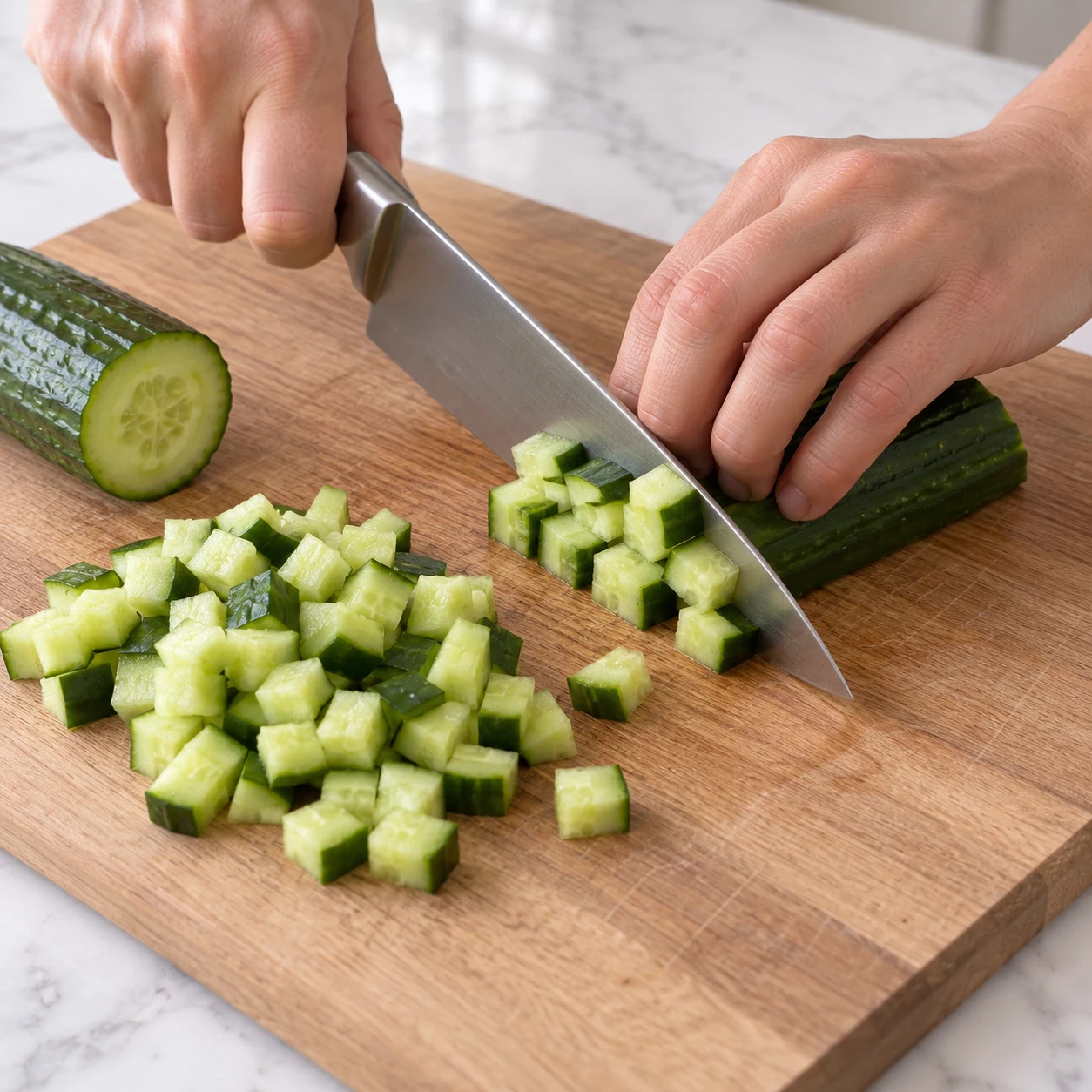 Couper le concombre ; Les morceaux de concombre sont de petits dés réguliers.