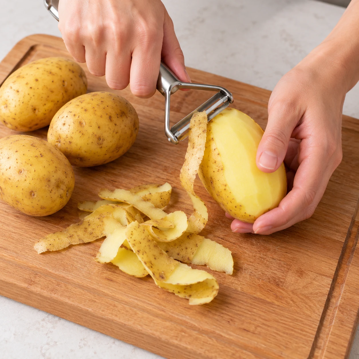 Économe retirant la peau d’une pomme de terre au-dessus d’une planche stable.