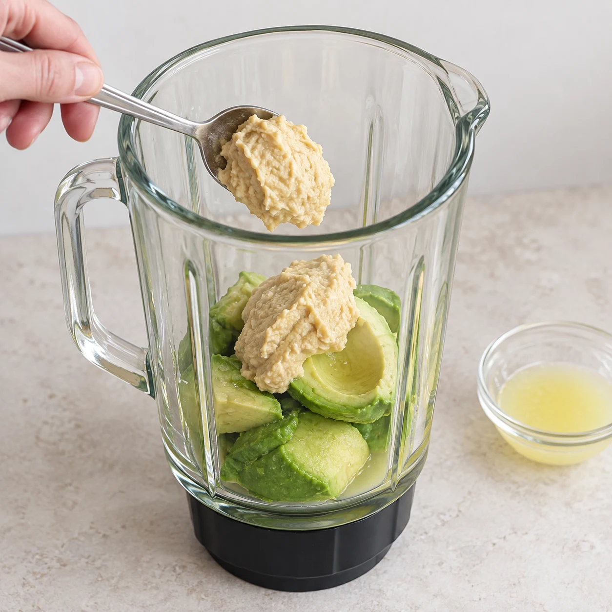Une cuillère dépose du houmous nature dense sur l’avocat dans un mixeur.