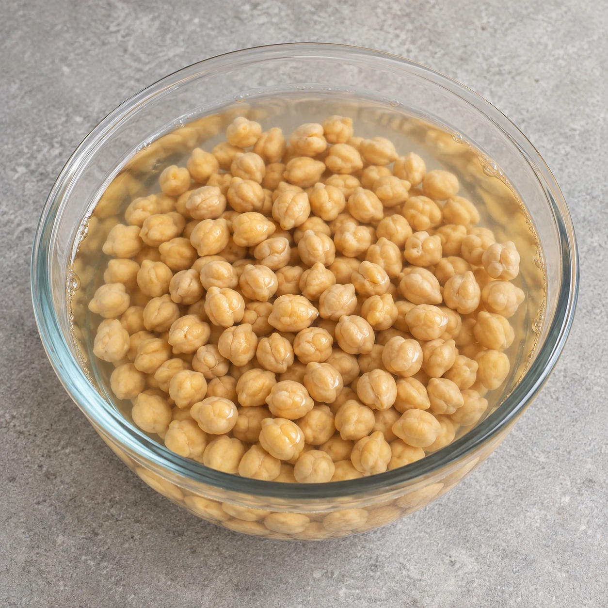 Saladier de pois chiches secs recouverts d’eau, avant trempage.
