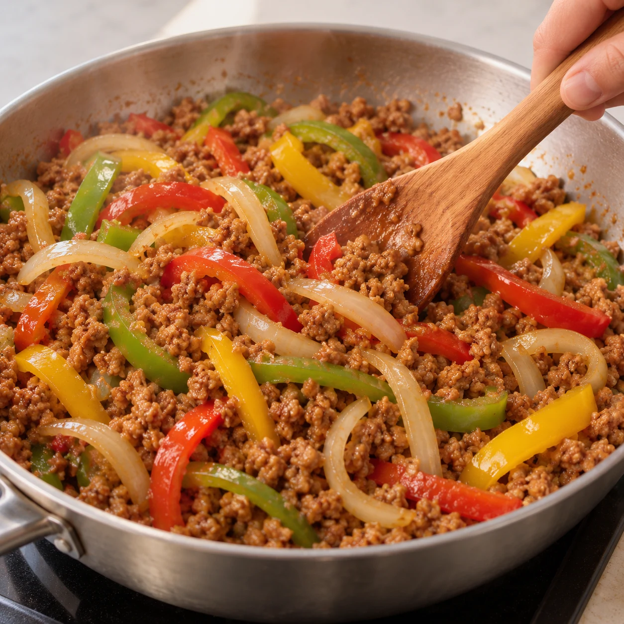Ajoute les poivrons et l’oignon tranchés au haché chaud et fais revenir 5 minutes. Résultat : Les lanières de poivron et les tranches d’oignon sont assouplies et réparties avec le haché.