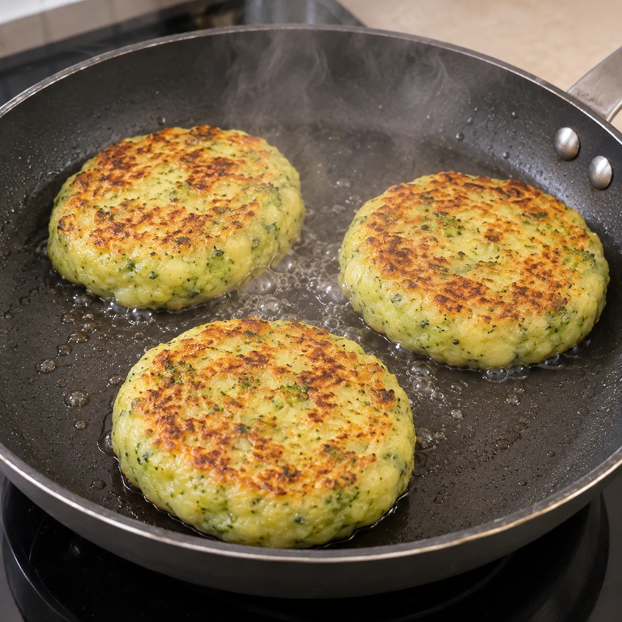 Galettes dorées dans une poêle avec un peu de vapeur et presque plus d’eau.