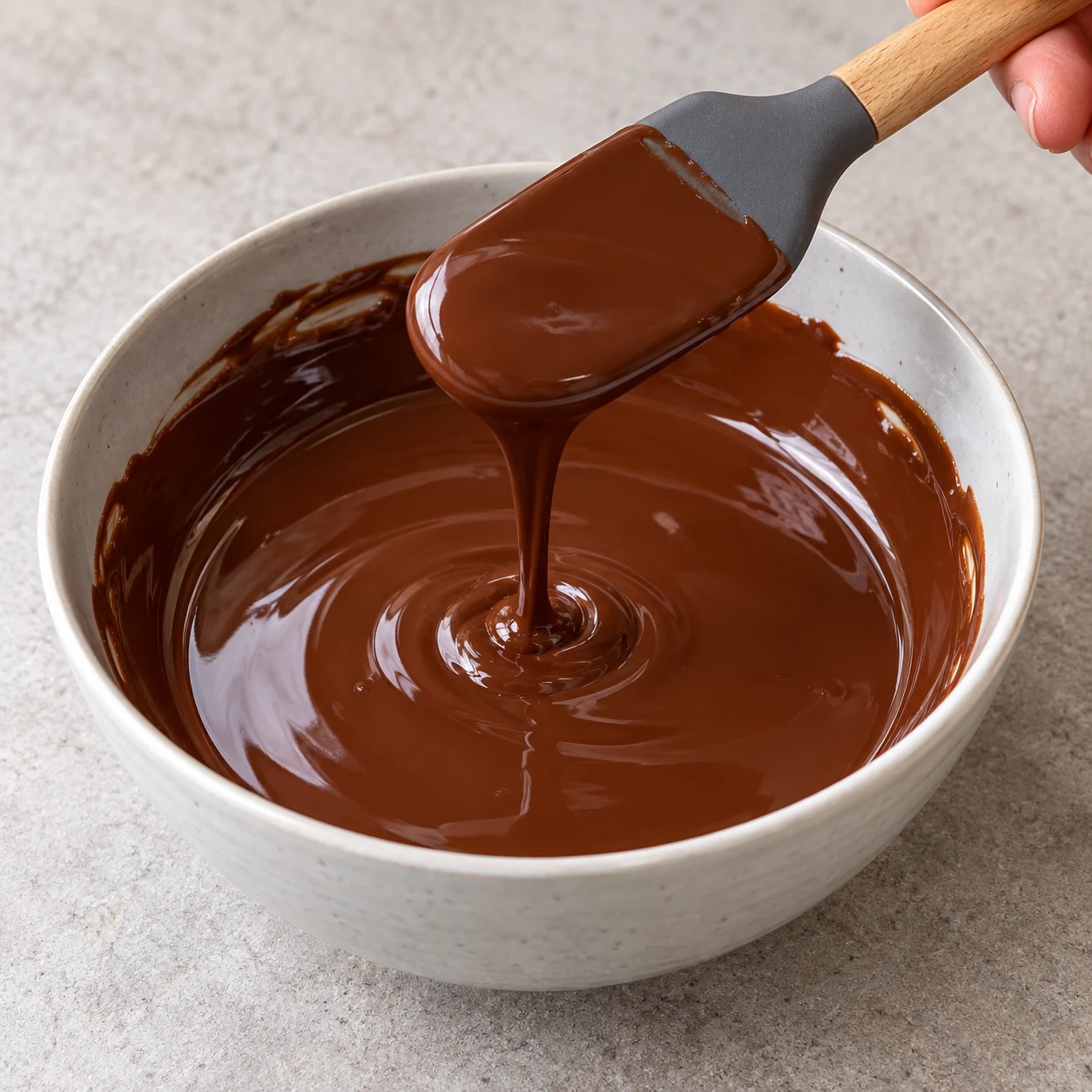 Fais fondre ensemble le chocolat et l’huile de coco. État à montrer : La couverture est liquide et homogène, sans morceaux de chocolat solides.