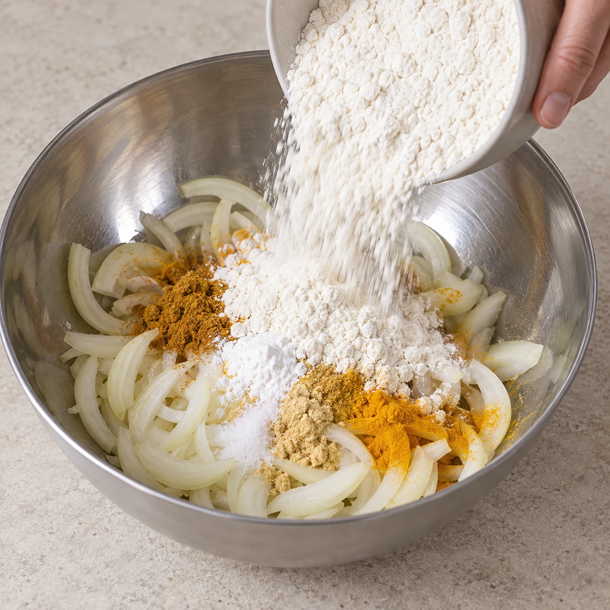Farine blanche versée dans un saladier contenant des lamelles d’oignon crues et des poudres de curry, curcuma, gingembre et sel déjà ajoutées ; aucune eau, aucune huile.