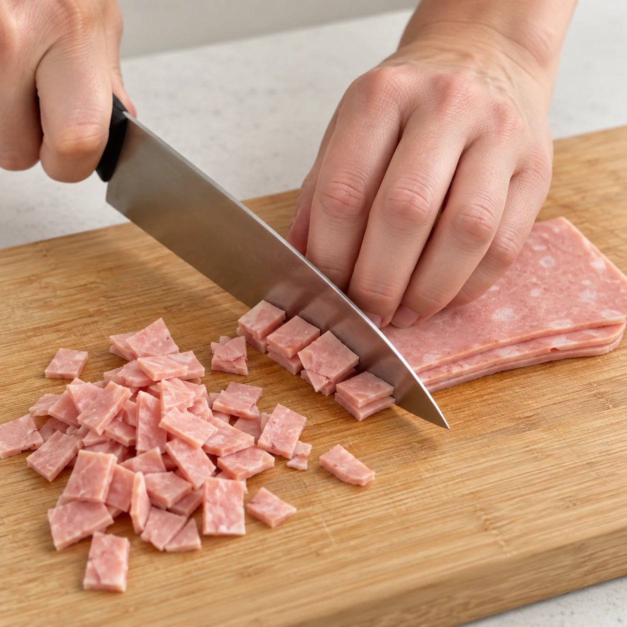 Petites tranches végétales roses découpées en morceaux sur une planche, prise en griffe sûre, sans tofu ni produit animal.