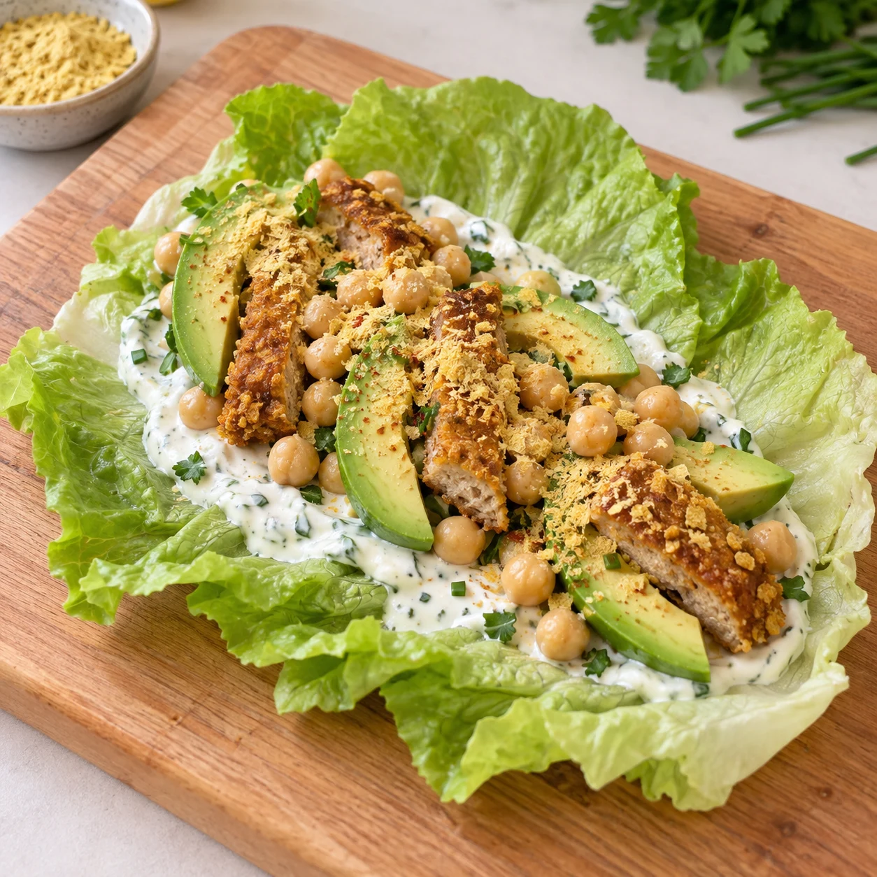 Wrap ouvert entièrement en laitue, garni de steak végétal pané brun à cœur, avocat, pois chiches et levure maltée.
