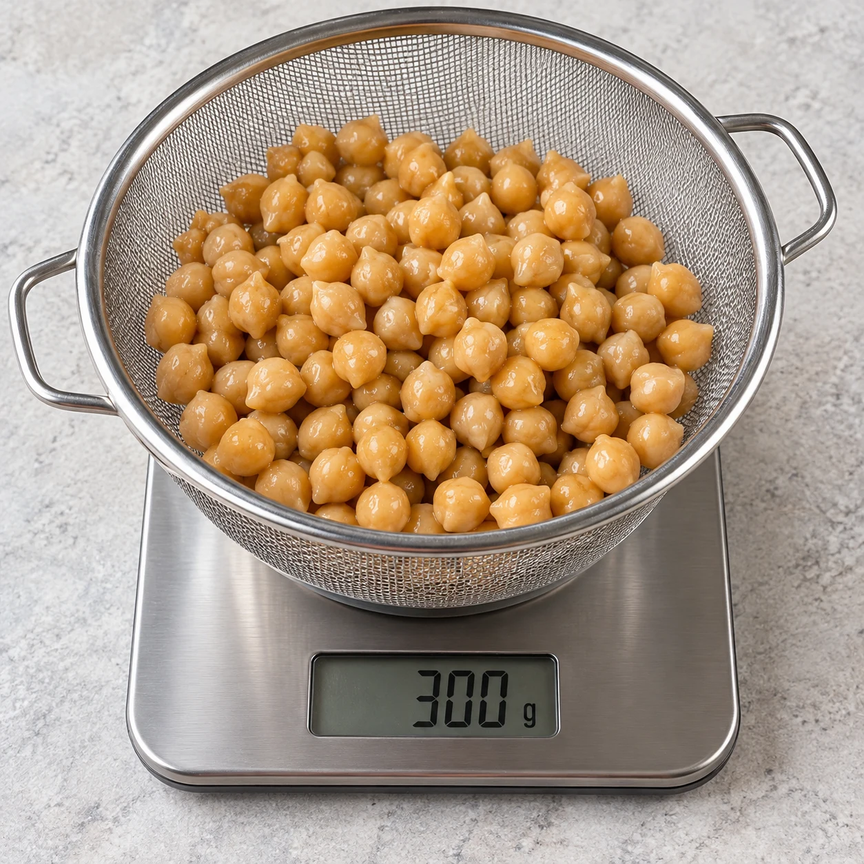 Pois chiches cuits beige doré en passoire, sans tofu ni fromage.
