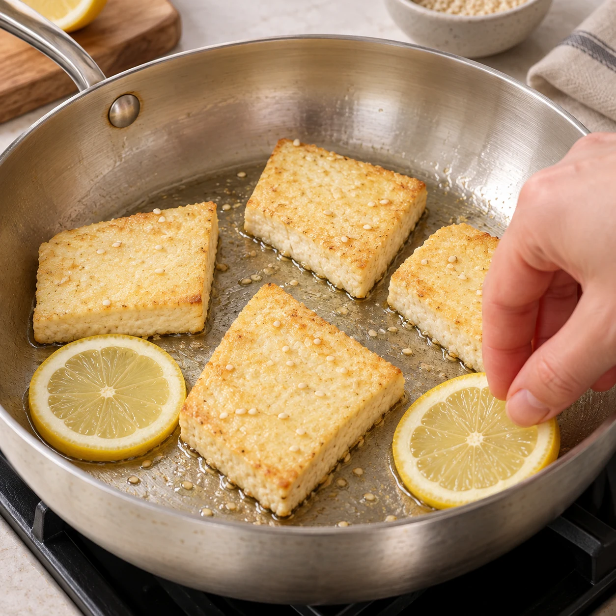 Dorer avec les rondelles. Le tofu est doré sur ses deux faces et les rondelles portent des marques caramélisées.. Ne montrer que tofu, fecule, levure, sel-enrobage, sesame, huile, citron à cette phase ; lumière naturelle, mains anonymes sans accessoires, aucun texte ni visage.