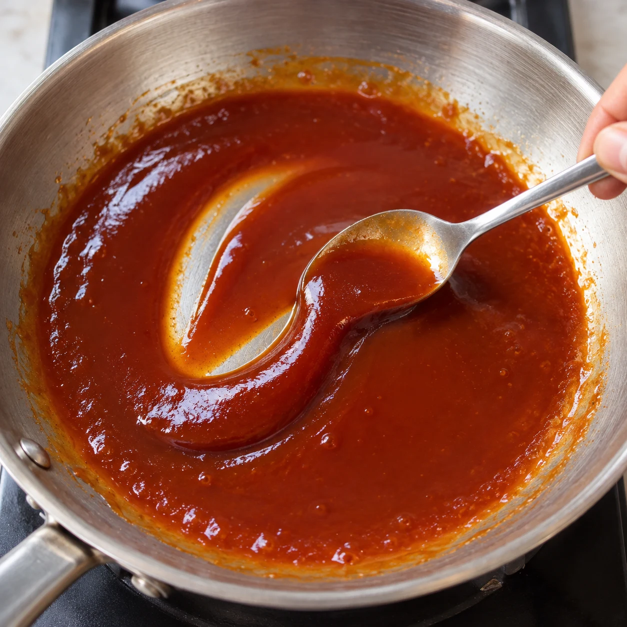 Cuillère dans une poêle contenant uniquement la sauce rouge ambrée brillante.