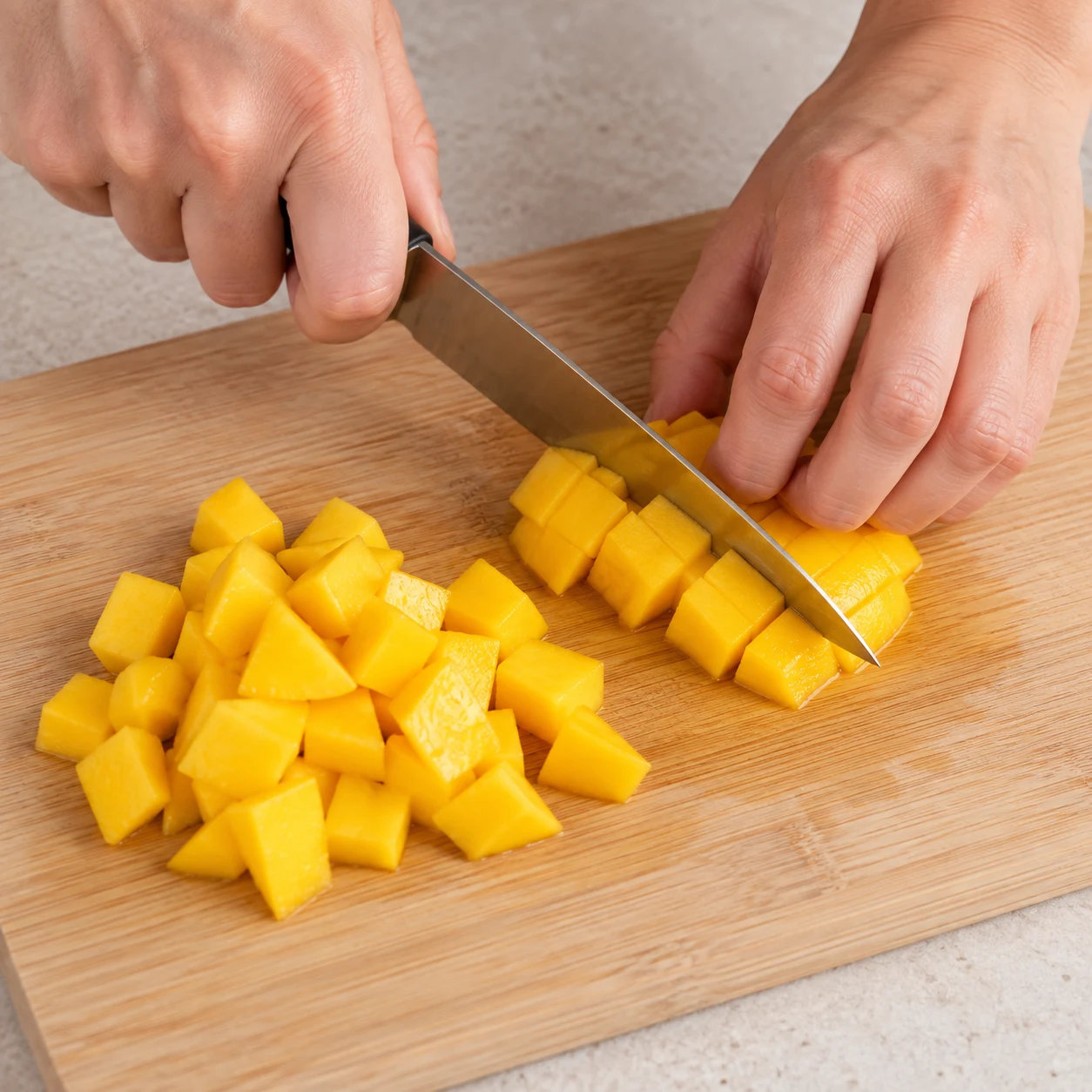 Morceaux de chair de mangue jaune orangé coupés en petits dés, main en griffe.