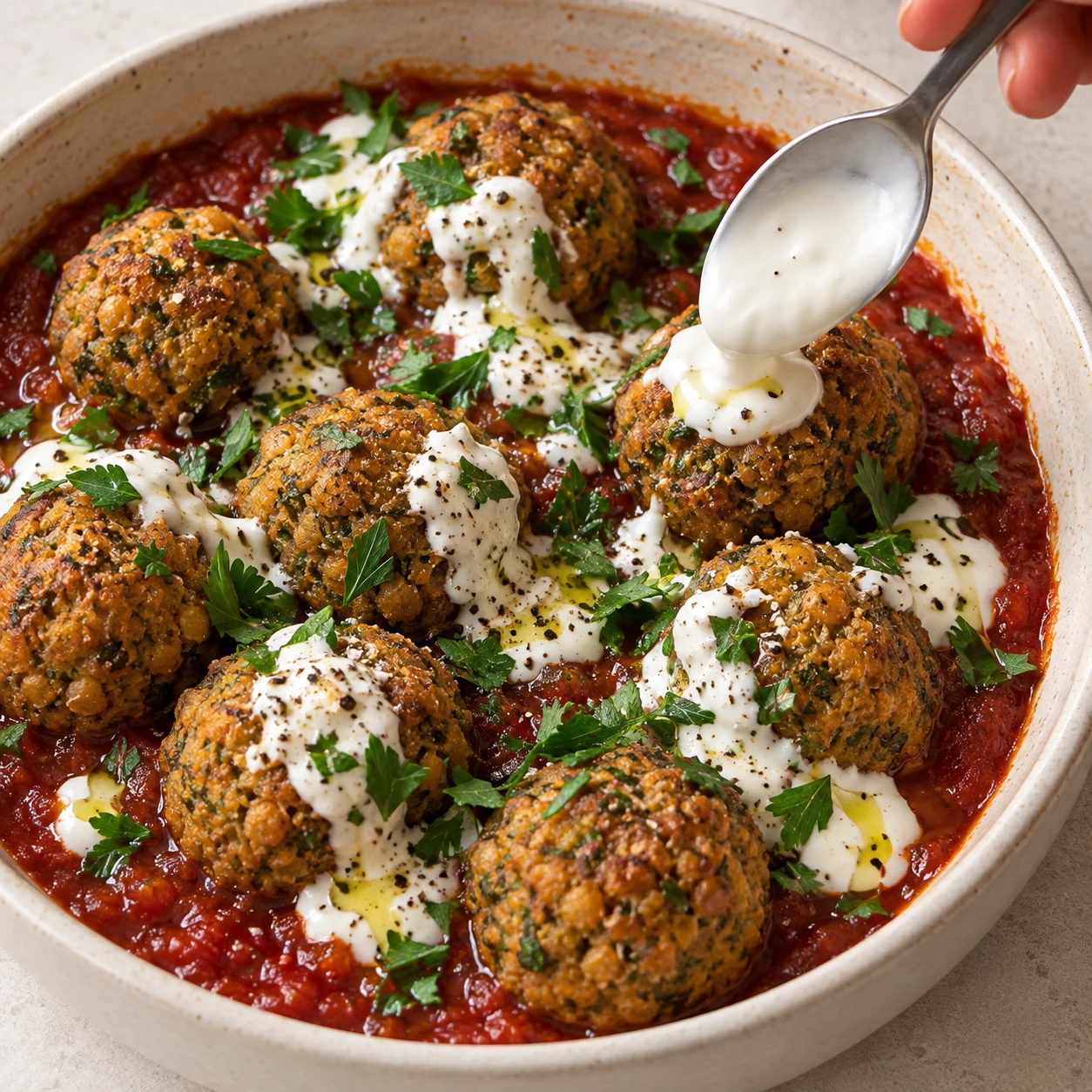 Une seule phase : Répartissez le yaourt de soja nature en petites cuillerées, puis terminez avec un filet d’huile d’olive, le persil réservé et du poivre. État attendu : Les boulettes dorées sont servies sur la sauce avec la garniture blanche et le persil. Sans texte, sans personne identifiable, uniquement les ingrédients de cette étape.