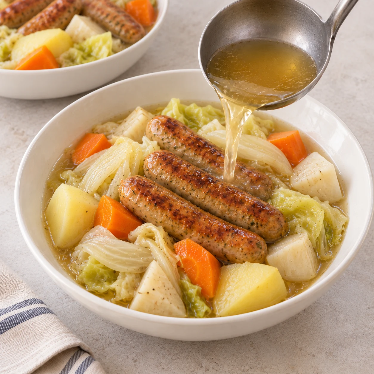 Photo culinaire carrée de l’action : Servir la potée. Chaque assiette contient des légumes tendres, une part de chipolatas et du bouillon chaud. Seulement Chipolatas végétales, Chou blanc, Carotte, Navet frais, Céleri-rave frais, Fenouil frais, Oignon frais, Ail frais, Pommes de terre à chair ferme. Mains adultes anonymes seulement si le geste le nécessite, aucun texte, visage, bijou ou viande.