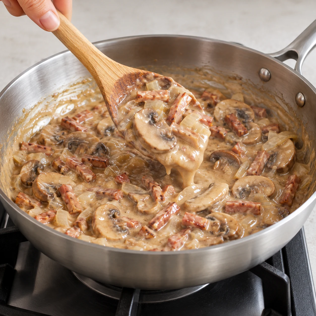 Une seule action : Faire épaissir la sauce. La sauce est épaisse, brillante et nappe les champignons et le lardons végétaux. Uniquement les ingrédients de cette phase : Oignon, Champignons de Paris, Lardons végétaux fumés, Huile végétale, Sauce soja salée, cassonade, Sirop d’érable, Fécule de maïs, Eau froide, Tahini blanc, Levure maltée. Allumettes végétales fumées rosées à base de soja ; jamais de tofu ni de miso. Sauce onctueuse brun clair au sésame, plus pâle que dans la source.