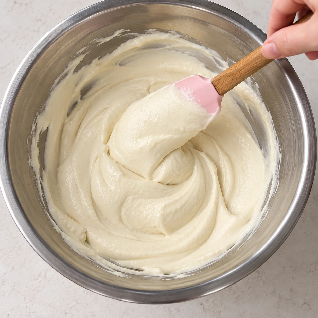 Saladier en inox rempli d'une crème ivoire épaisse et homogène, maryse en silicone qui la soulève.