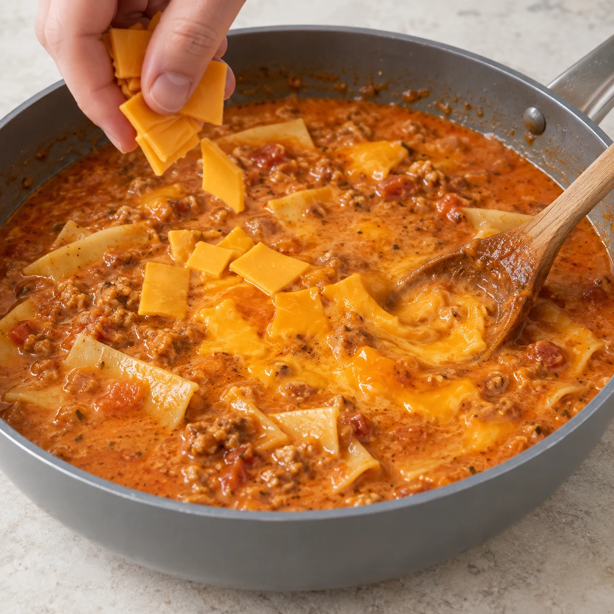 Ajoute un peu de tranches végétales finement découpées dans la soupe chaude et remue pour les faire fondre. Leur couleur orangée et leur saveur cheddar diffèrent de la mozzarella de la source. Montrer seulement les ingrédients de cette phase ; mains anonymes, sauteuse grise et plan de travail pierre pâle.