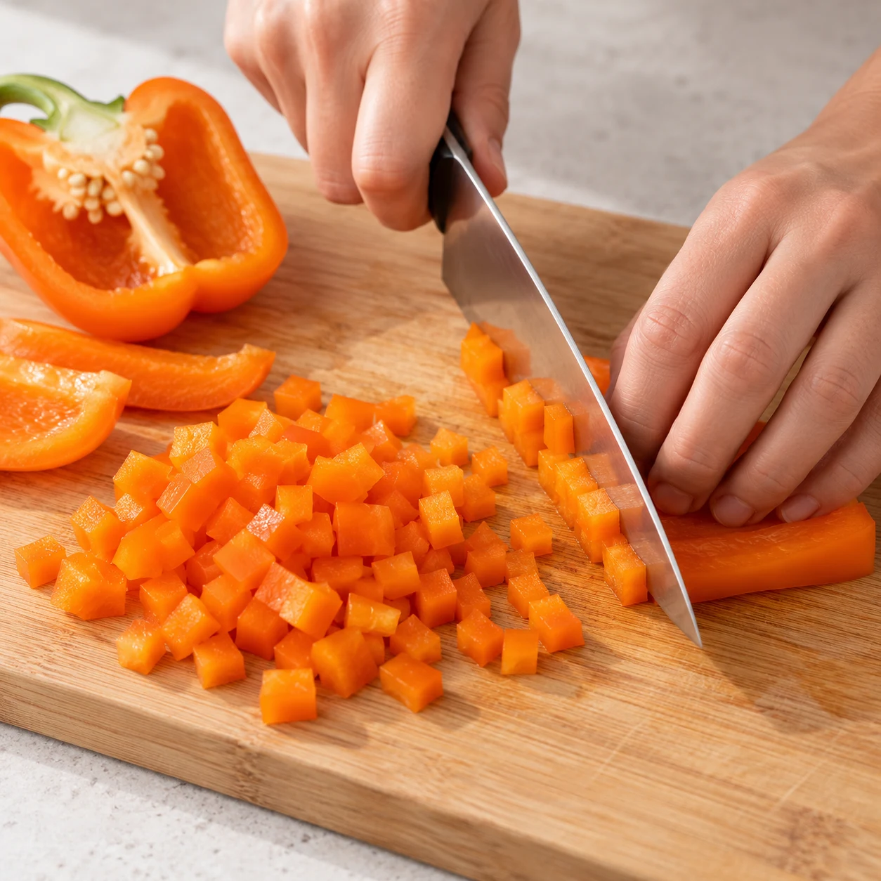 Retirez les graines du poivron puis coupez 100 g de chair en petits dés. Montrer uniquement la phase décrite et la variante végane aux pois chiches.