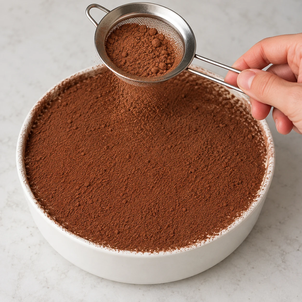 Petite passoire fine en inox tamisant du cacao en poudre sur un tiramisu rond.