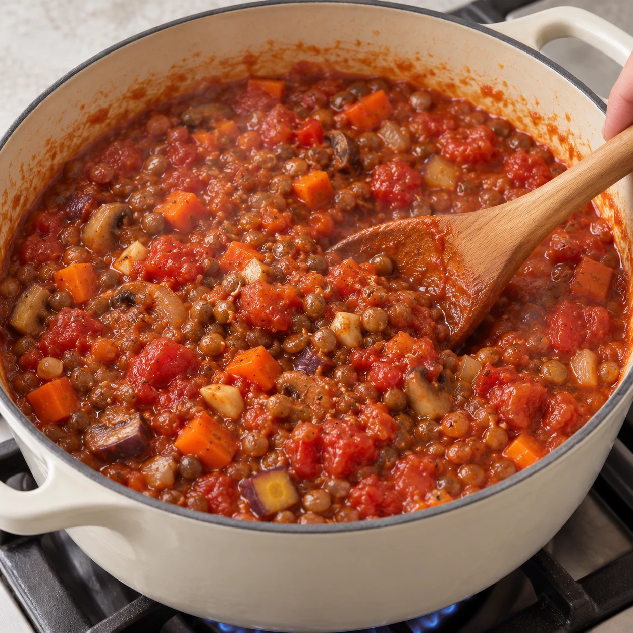 Sauce bolognaise rouge épaisse mais humide mijotant avec lentilles et petits dés ; sans pâtes ni garniture.