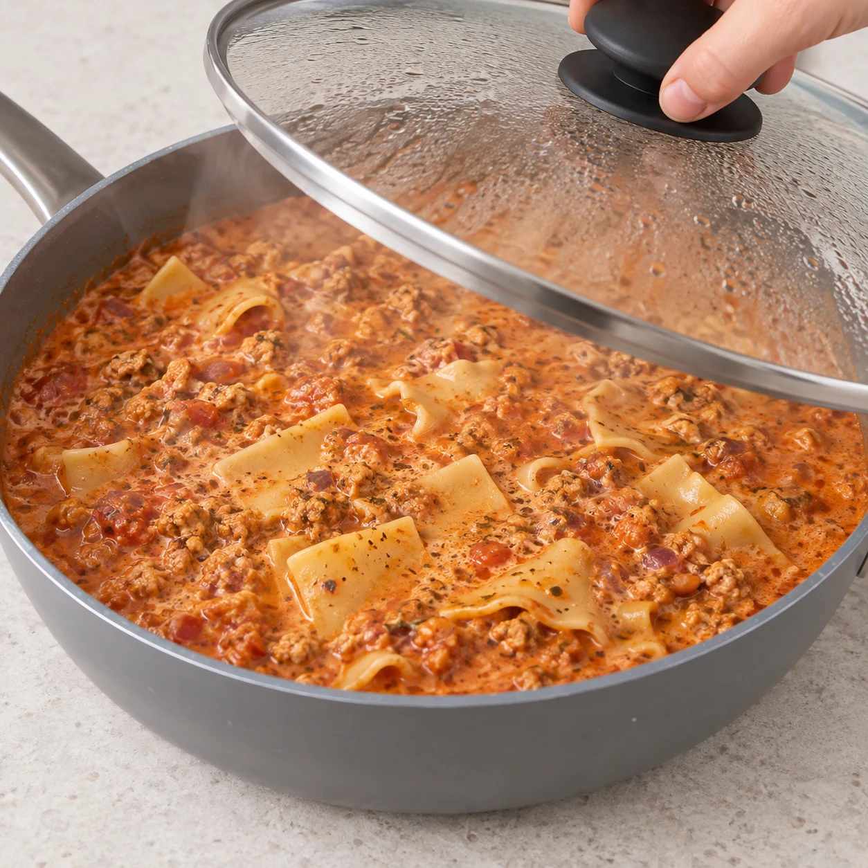 Couvre la sauteuse et laisse cuire doucement environ 15 minutes. Vérifie que les pâtes sont tendres avant de poursuivre. Montrer seulement les ingrédients de cette phase ; mains anonymes, sauteuse grise et plan de travail pierre pâle.