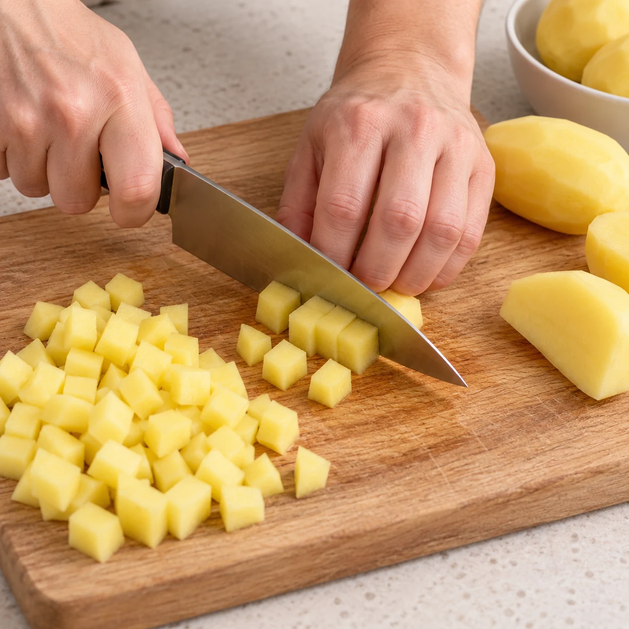 Couper les pommes de terre : Les morceaux sont des petits dés réguliers. Ingrédients visibles exclusivement : Pommes de terre.