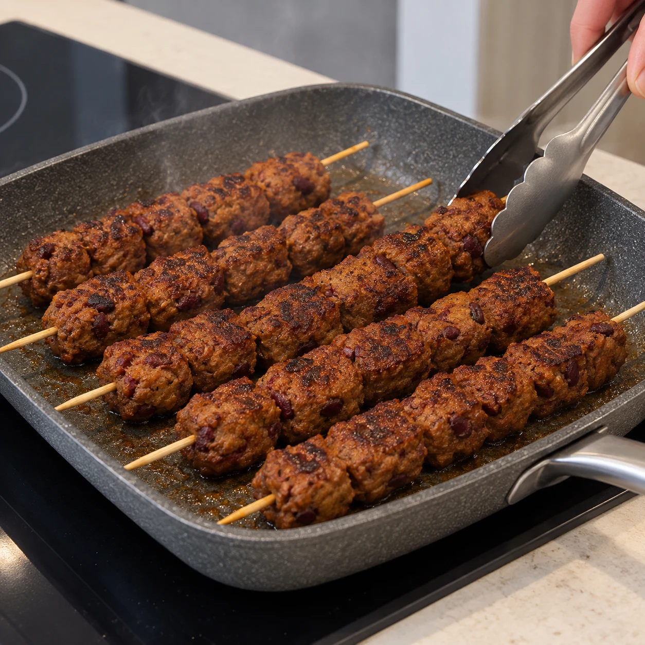Brochettes de seitan bien grillées dans une poêle découverte, surface brune irrégulière.