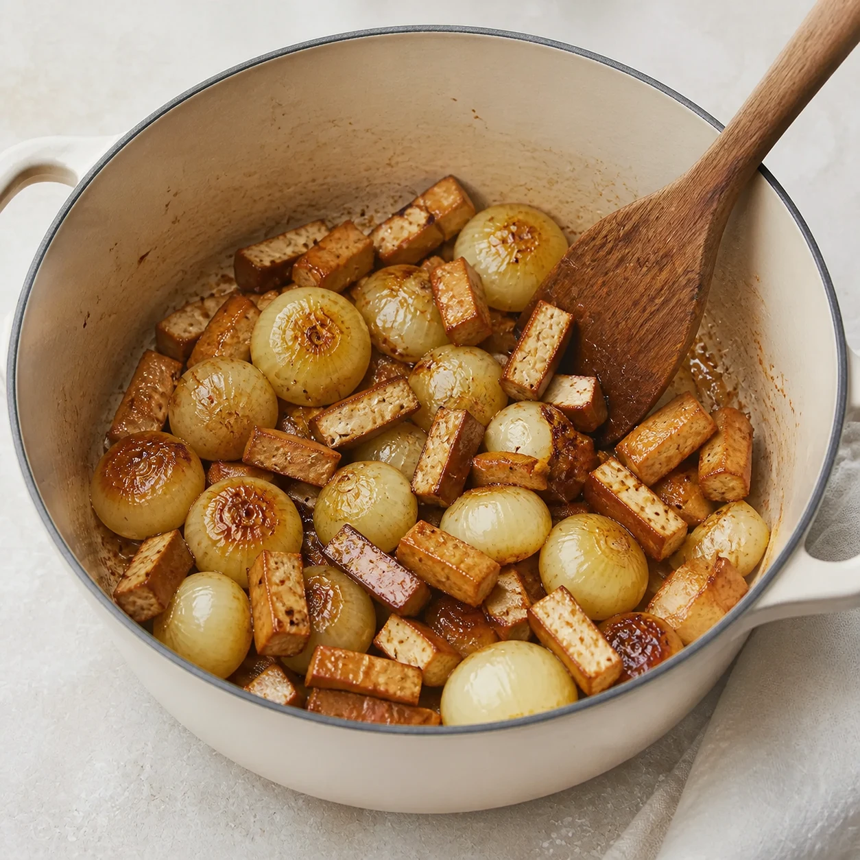 Cocotte avec petits oignons dorés et dés de tofu fumé végétal, spatule en bois, lumière naturelle.