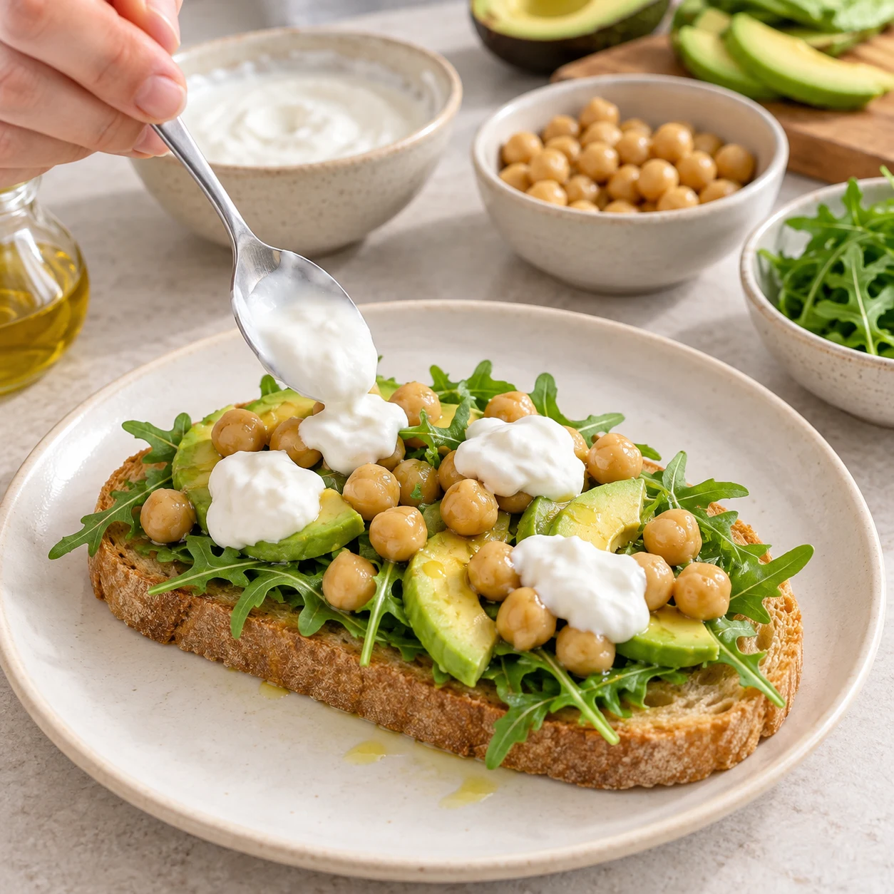 Dépose les 60 g de yaourt de soja nature en petites cuillerées sur la tartine. Photographie carrée de cuisine, ingrédients végétaux finaux seulement, mains adultes anonymes si nécessaires, aucun texte ni visage.