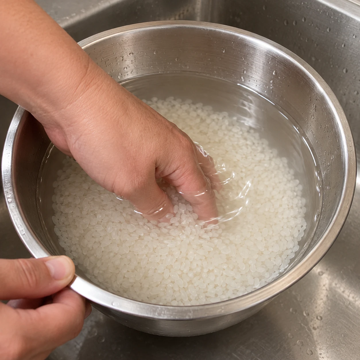 Rince les 277,5 g de riz à sushi à l’eau froide jusqu’à ce que l’eau soit claire.