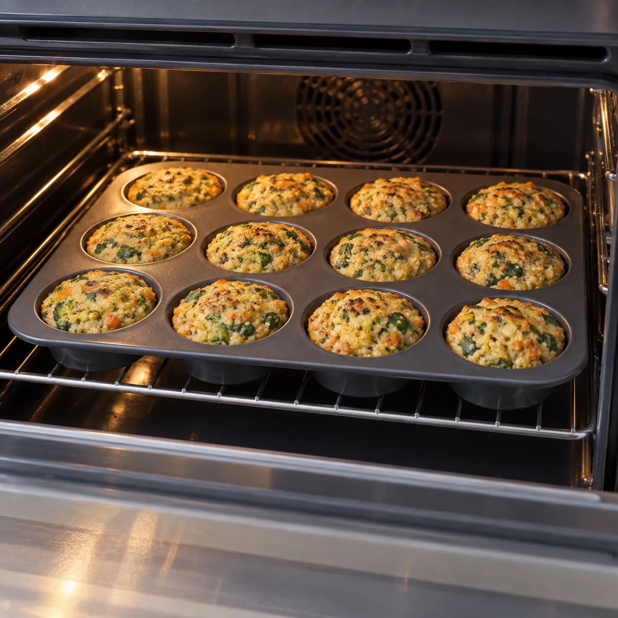 Four entrouvert montrant une plaque de muffins de quinoa et légumes en train de cuire, couleur encore pâle ; aucun gâteau long, aucune main nue près du four chaud.