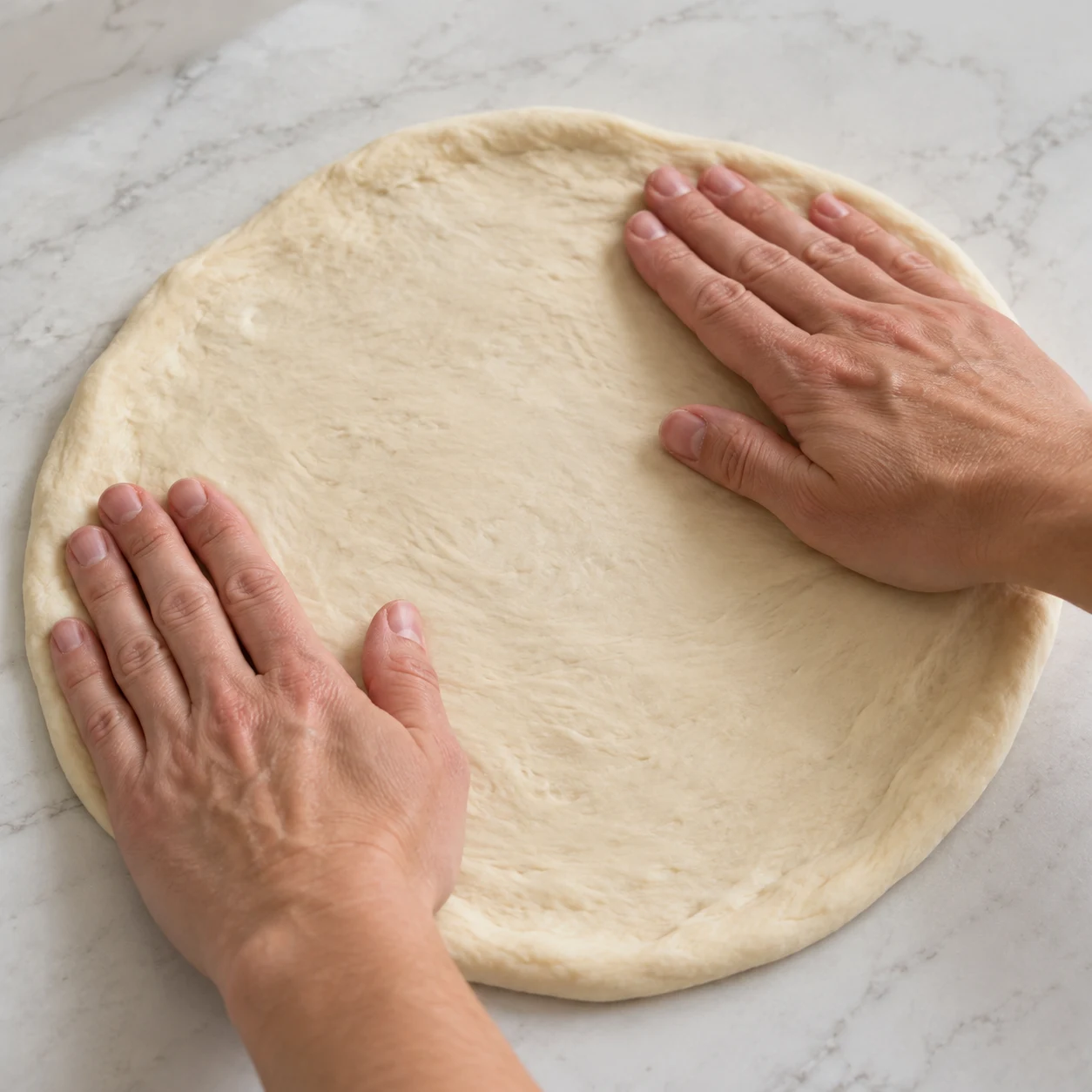 Étale les 150 g de pâte à pizza en disque, avec assez de bord libre pour envelopper la garniture.