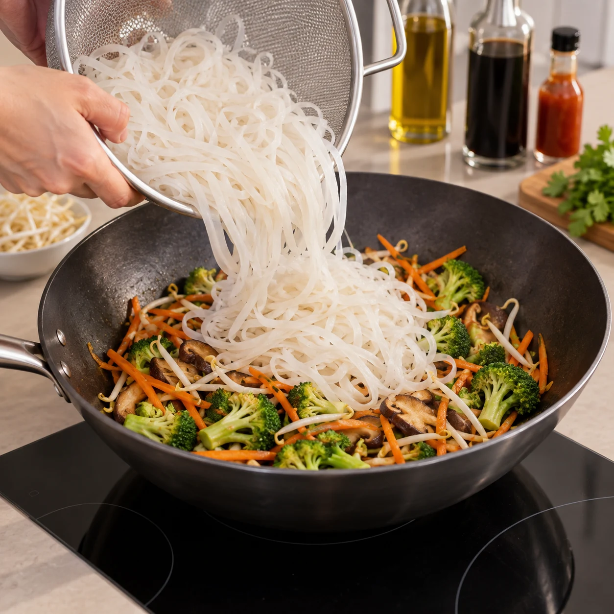 Transférer les nouilles de riz dans le wok.