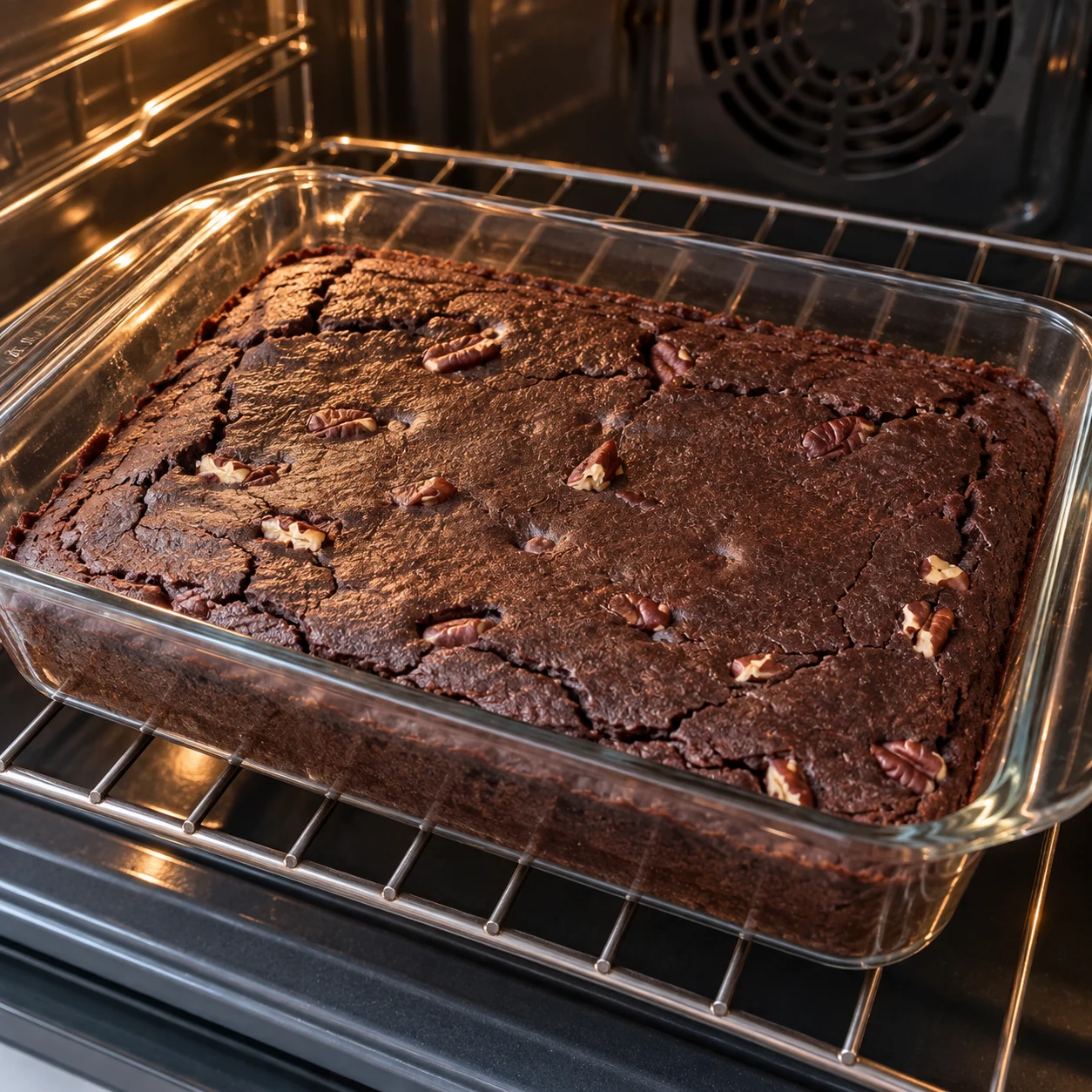 Moule de brownie aux pécans sur une grille du four, surface prise. Chocolat noir à 70 %, couleur sombre ; adaptation documentée de la source.
