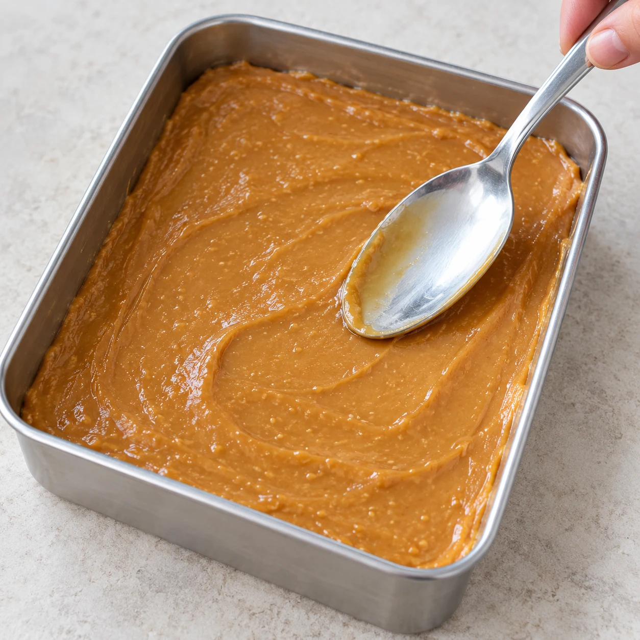 Moule en inox couvert d'une couche de caramel de cacahuète ambré étalé au dos d'une cuillère.