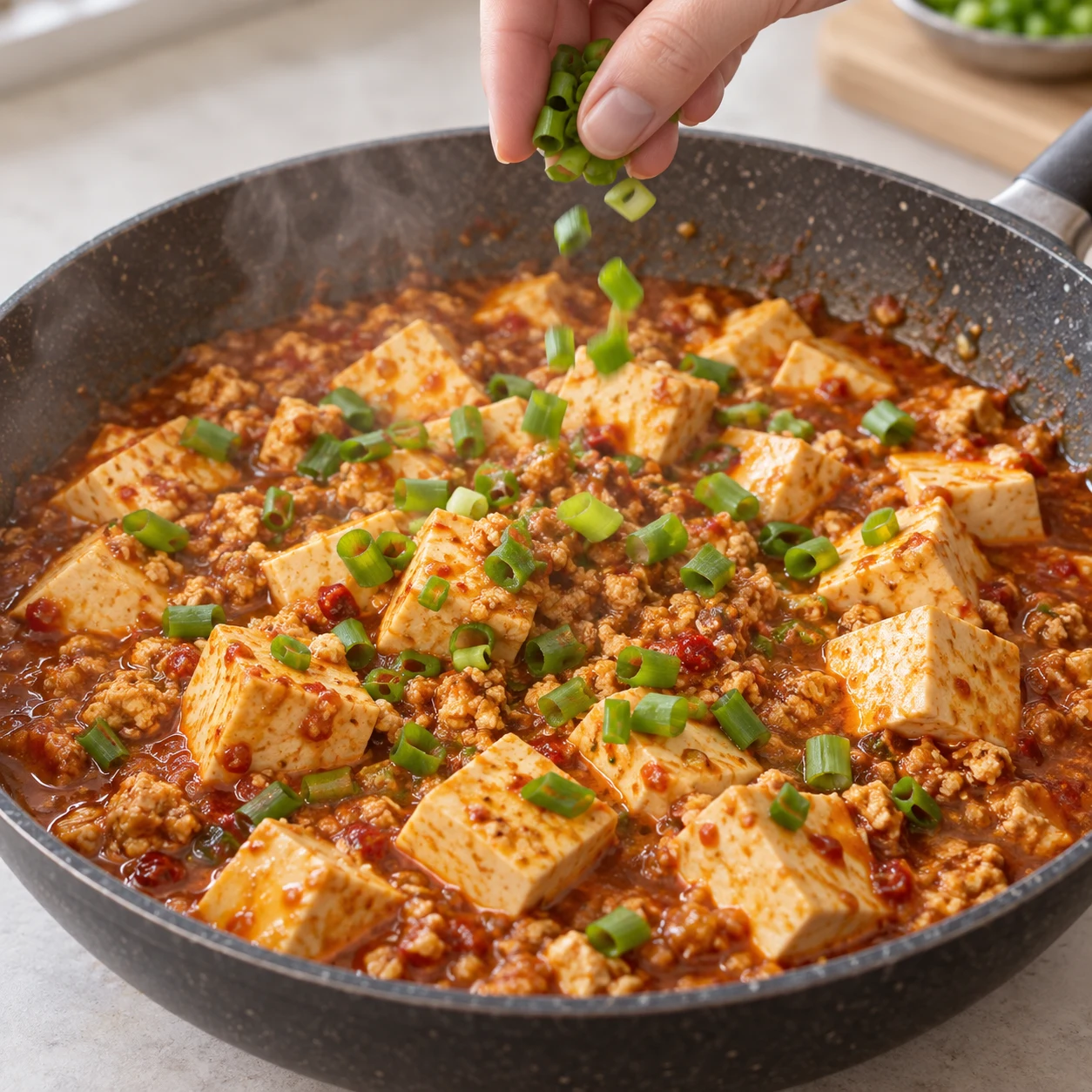 Mapo tofu fini brun-rouge avec tofu cubique et petites miettes de tofu, vert de cébette ajouté. Aucun riz dans ce visuel.