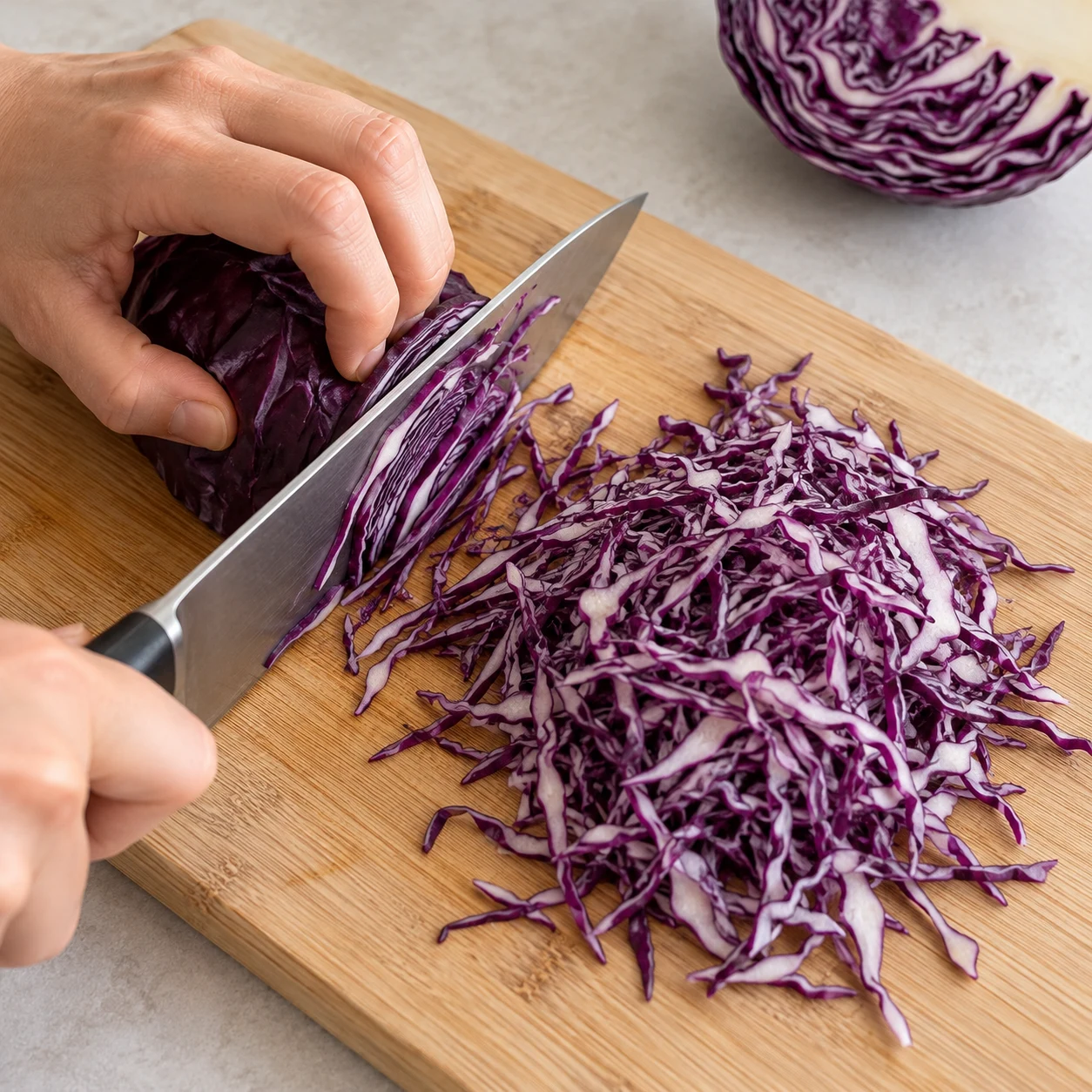 Photographie d’une seule action : Émince finement les 80 g de chou rouge pour obtenir les filaments visibles dans le bol de la recette d’origine. Résultat attendu : Le chou rouge forme de fins filaments. Adaptation entièrement végane ; pois chiches entiers, aucun crustacé ni produit laitier.