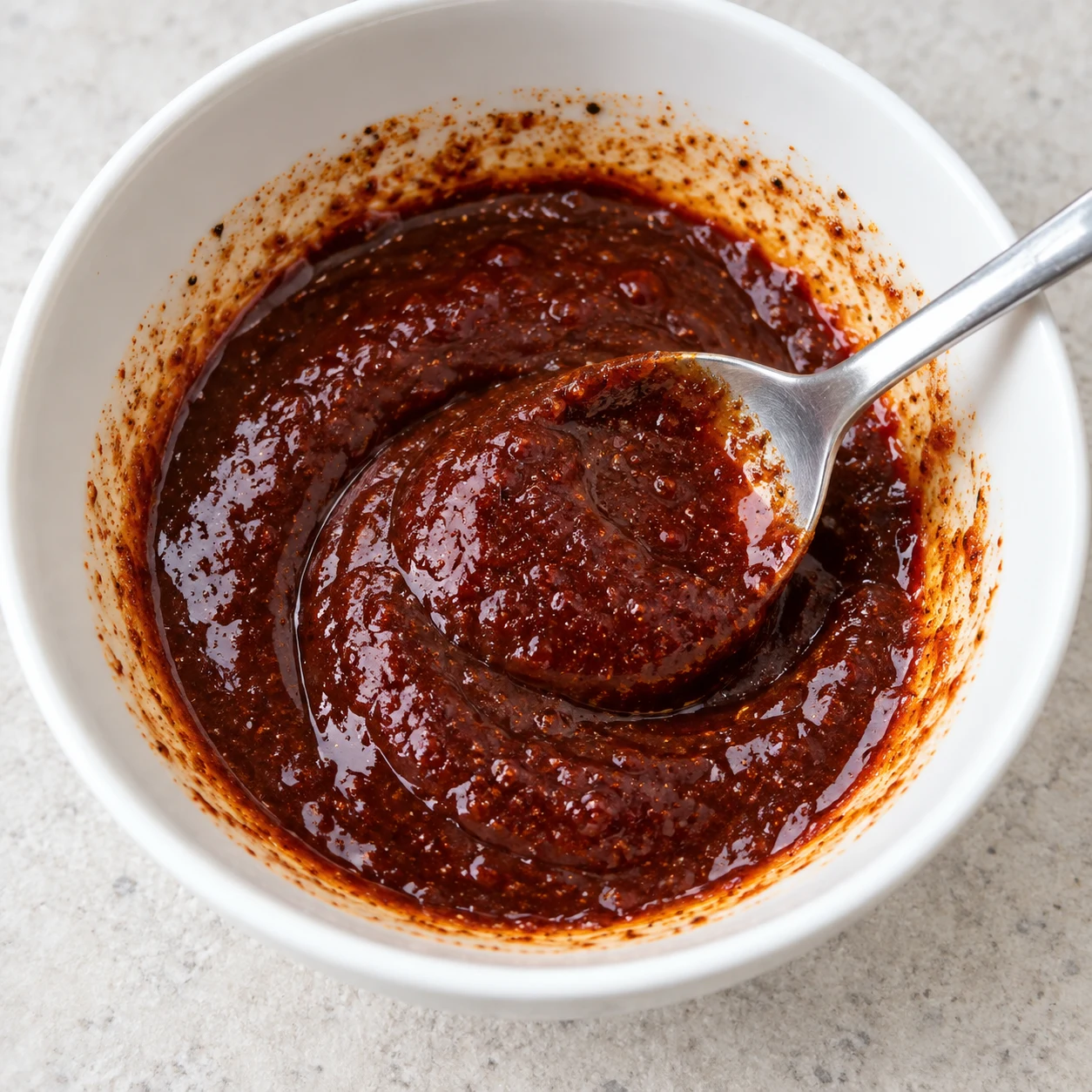 Une cuillère mélange une marinade rouge sombre épaisse et brillante dans un bol blanc ; aucun tofu dans le bol.