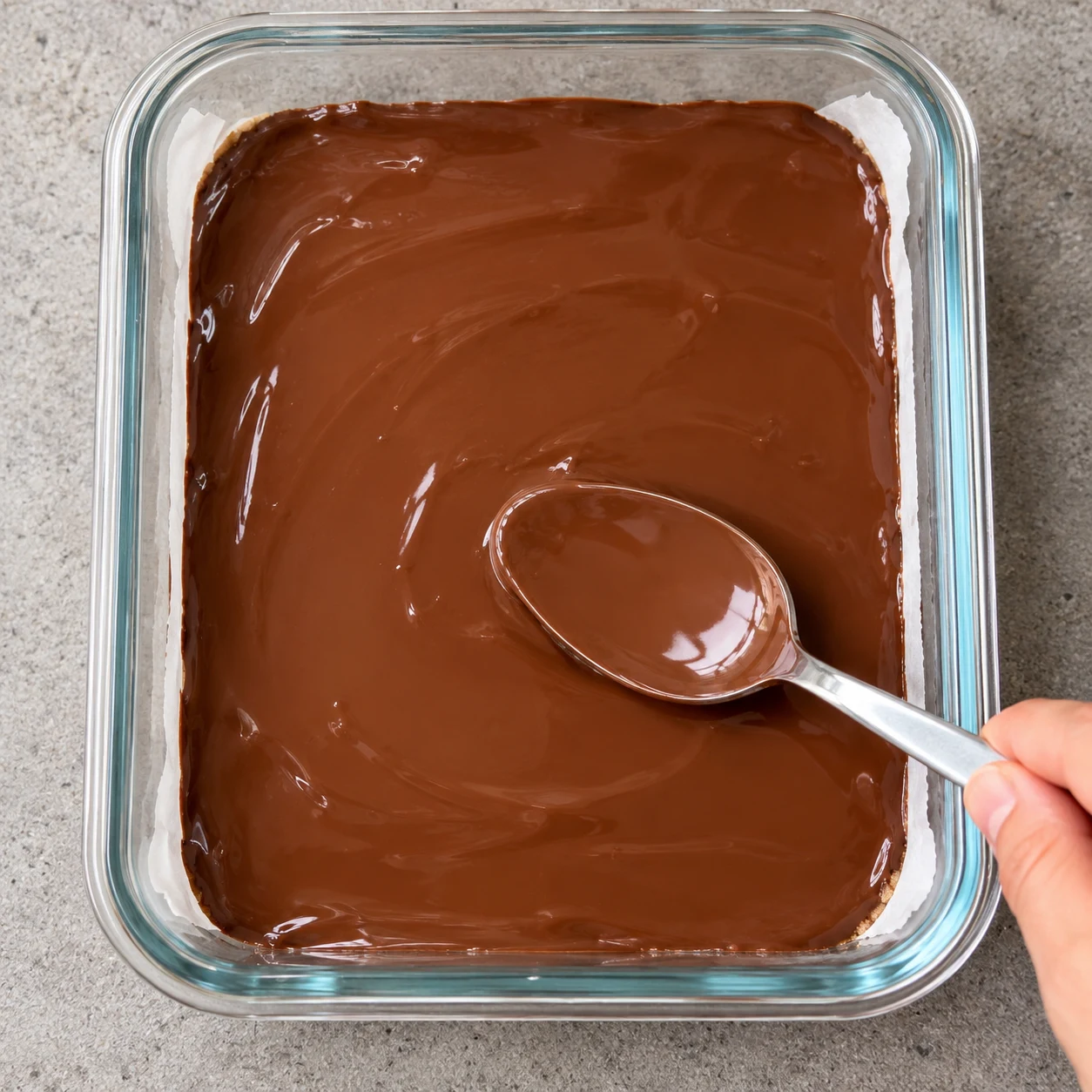 Verse la couverture fondue sur la pâte tassée et répartis-la sur la surface. État à montrer : Toute la surface de la base est couverte de chocolat.