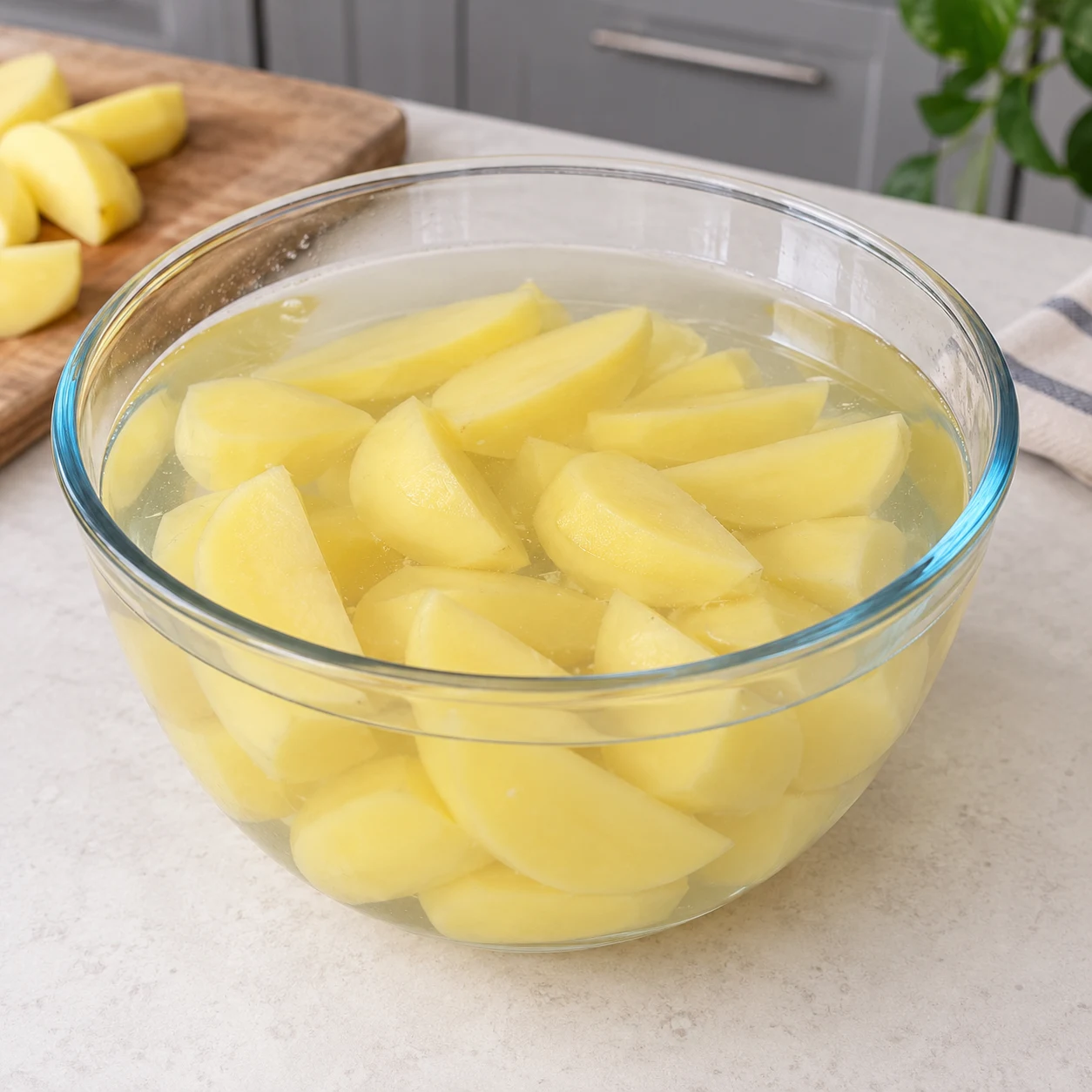 Quartiers de pommes de terre crues immergés dans un saladier transparent d’eau froide.