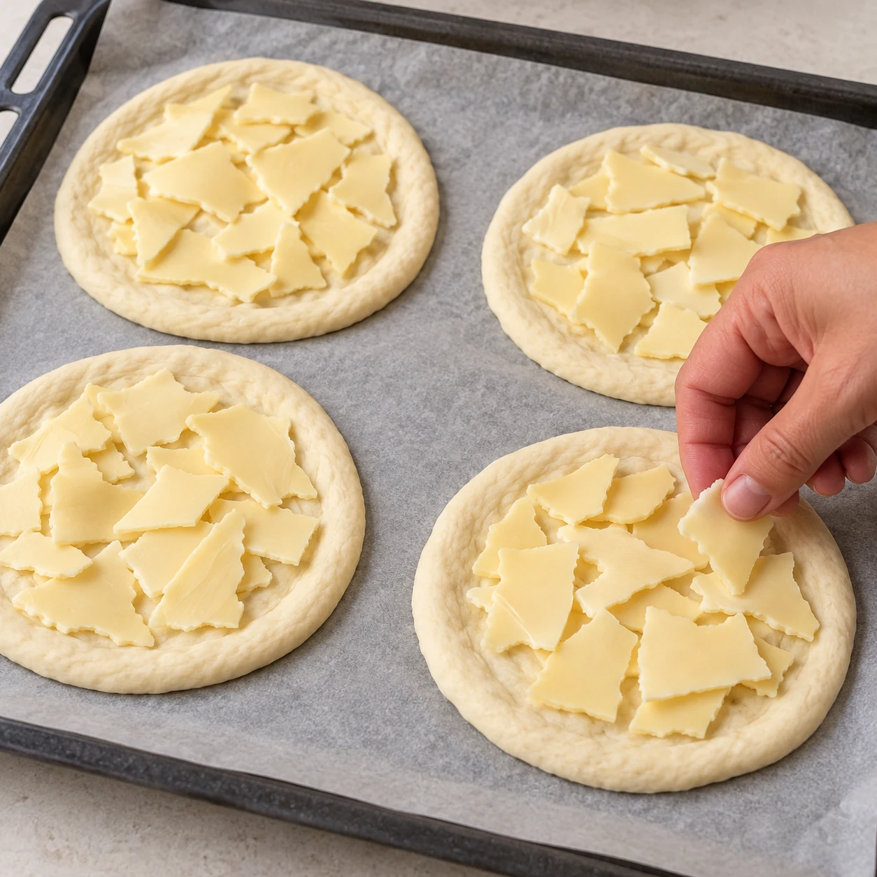 Main répartissant des morceaux plats jaune pâle de tranchettes végétales sur pâte crue.