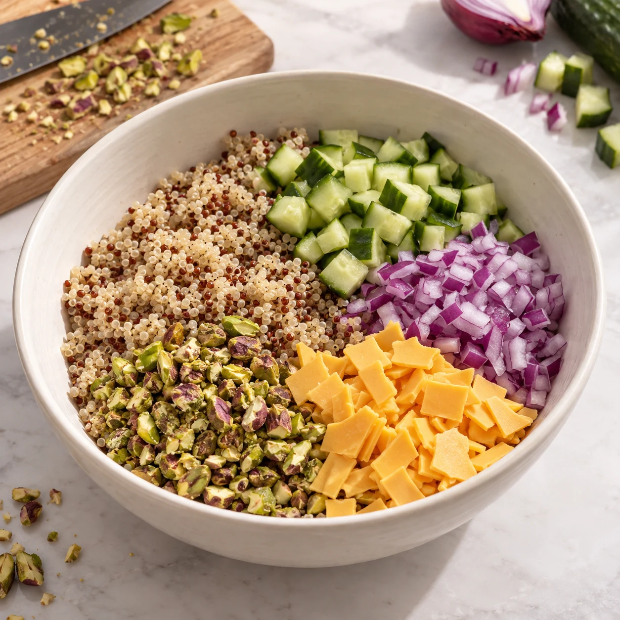 Réunir la base de la salade ; Les céréales, les dés de concombre, l’oignon, le fromage végétal et les pistaches sont dans le saladier.