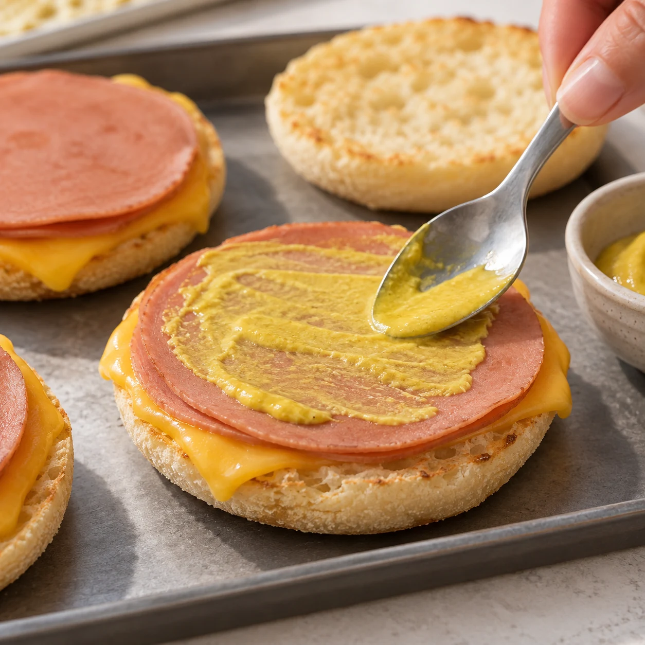 Cuillère étalant une fine pellicule de moutarde jaune sur le jambon végétal d’un muffin ouvert au fromage végétal, aucune farce encore.