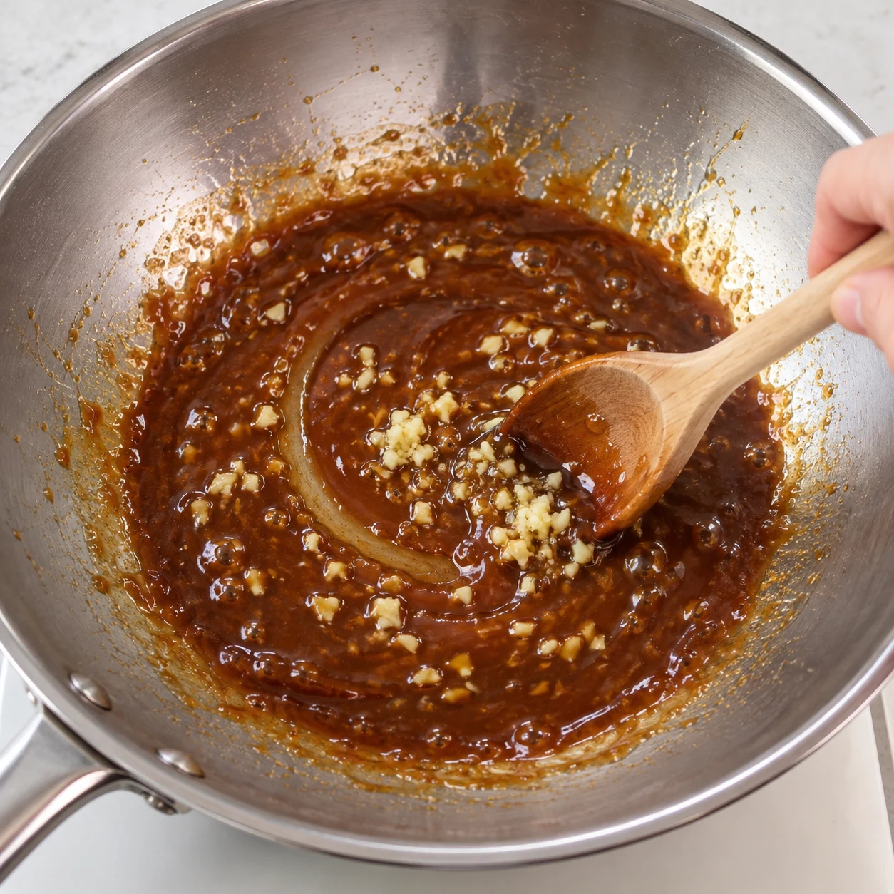 Cuillère remuant une sauce brune qui épaissit, dernière gousse d’ail pressée ajoutée.