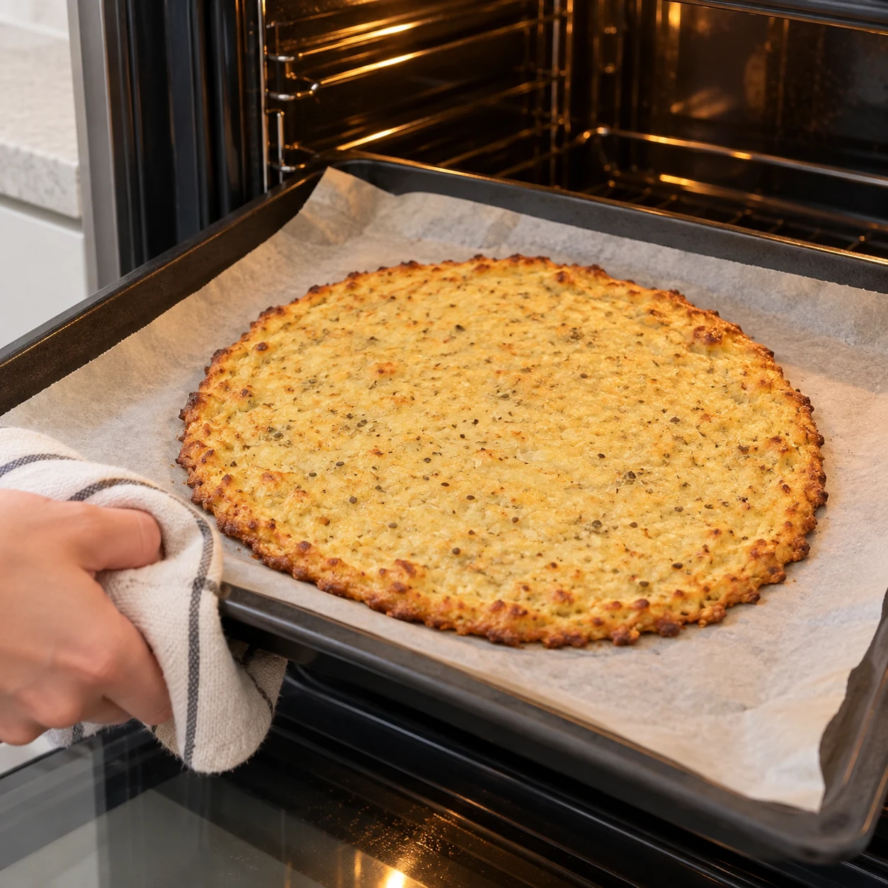 Base au chou-fleur cuite et dorée, encore sans sauce ni fromage ni olives, sur plaque avec papier cuisson.