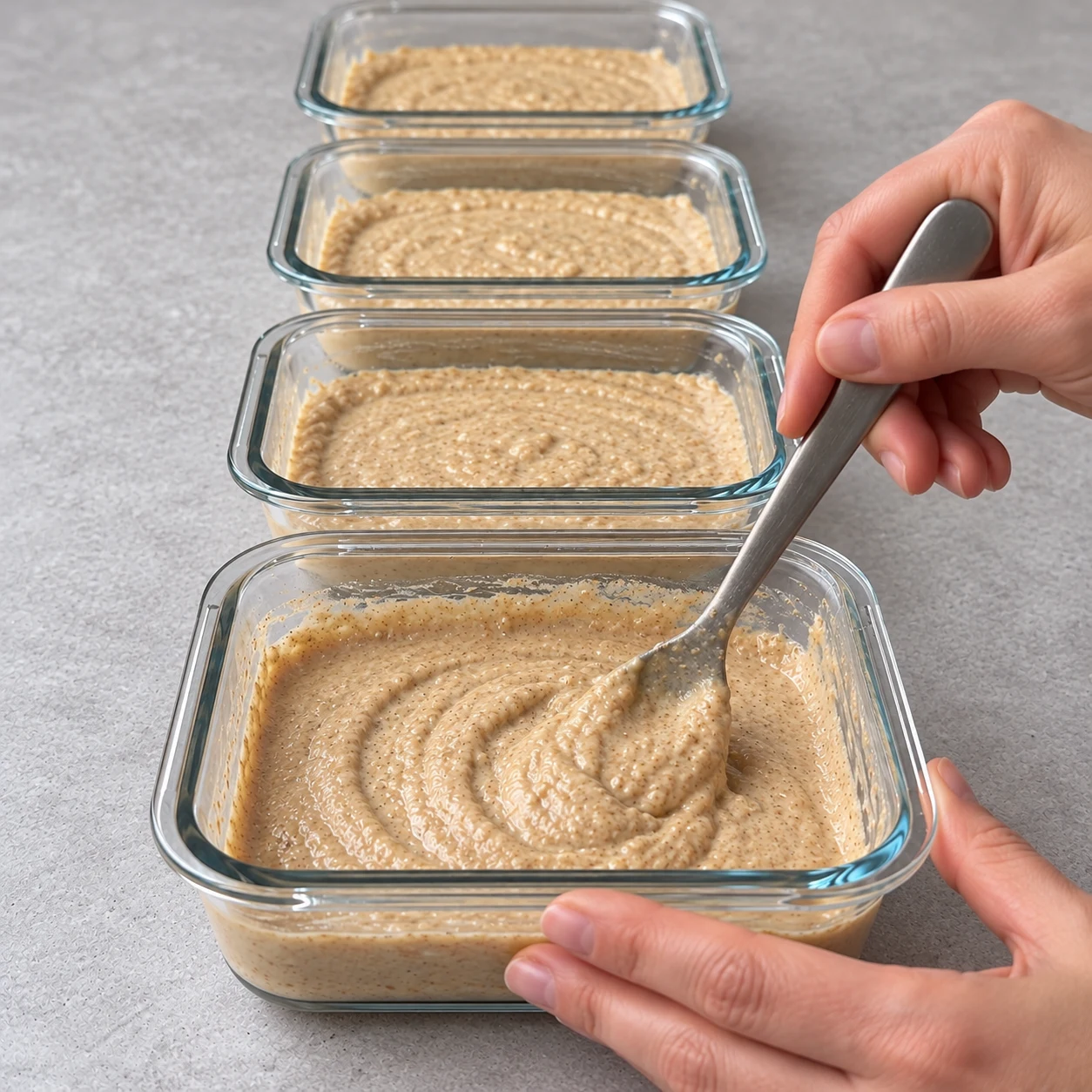 Une main anonyme mélange une pâte beige épaisse et légèrement mouchetée de cannelle dans un petit contenant rectangulaire en verre ; trois contenants semblables derrière.